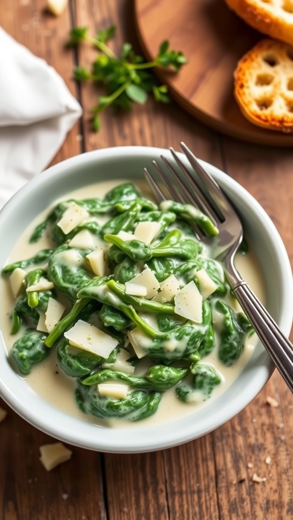 A bowl of creamy spinach with Parmesan cheese, garnished, on a wooden table with a fork.